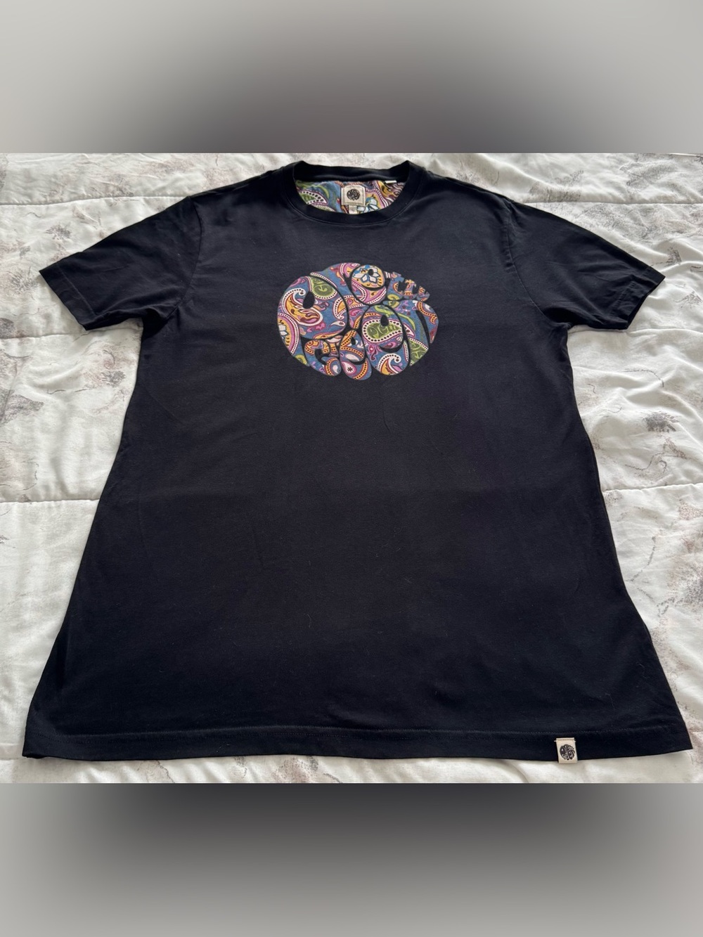 Pretty Green Black Short Sleeve Tee with Multicolor Paisley Chest Emblem, size S